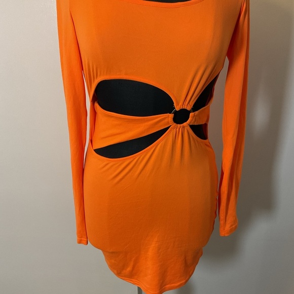 19. SHEIN Orange Embellished Waist Cut-Out Long Sleeve Bodycon Mini Dress SZ Med - Picture 4 of 6